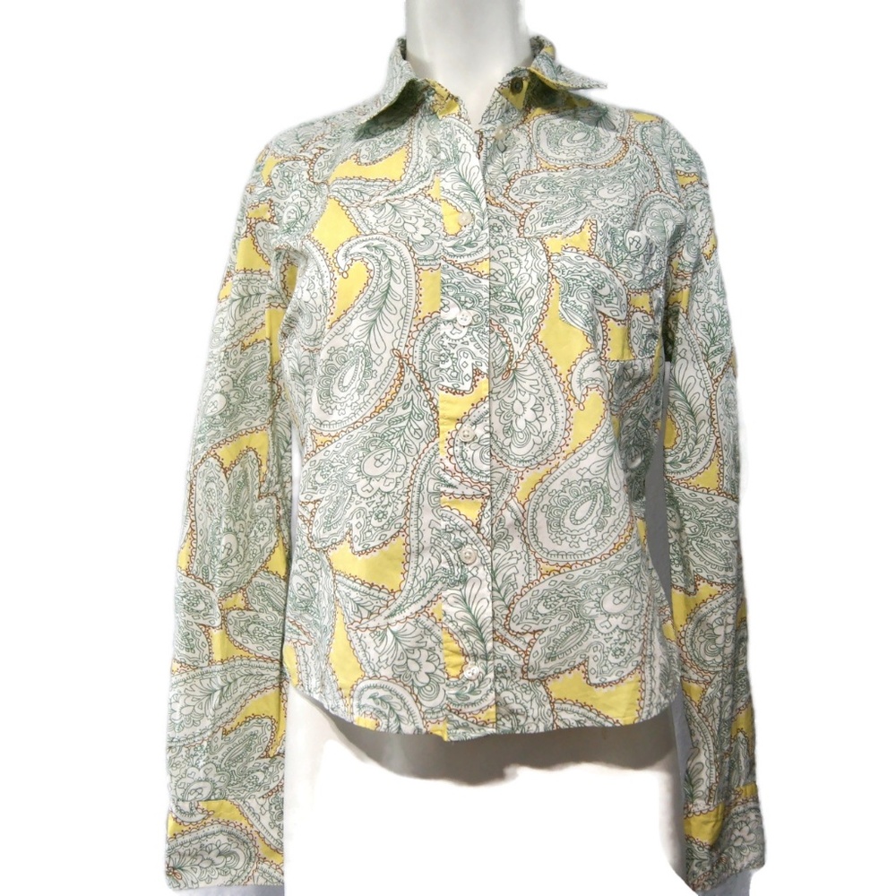 Boden Women’s Long Sleeve Cotton Shirt White Green Yellow Paisley Pattern Small